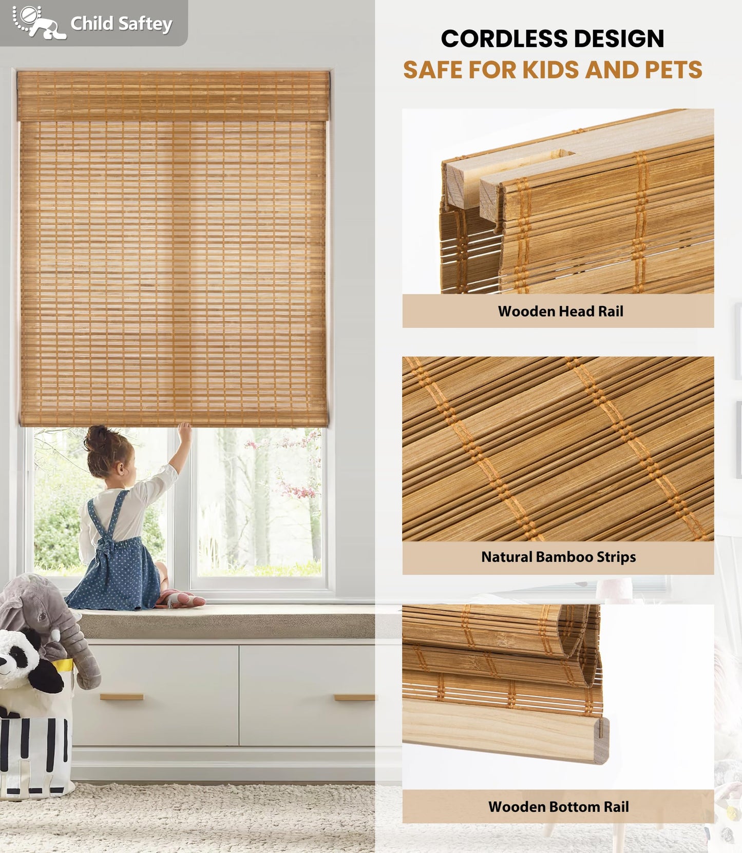 LazBlinds Cordless Bamboo Roman Shades - Light Filtering Window Treatment 31'' W x 64'' H, Squirrel