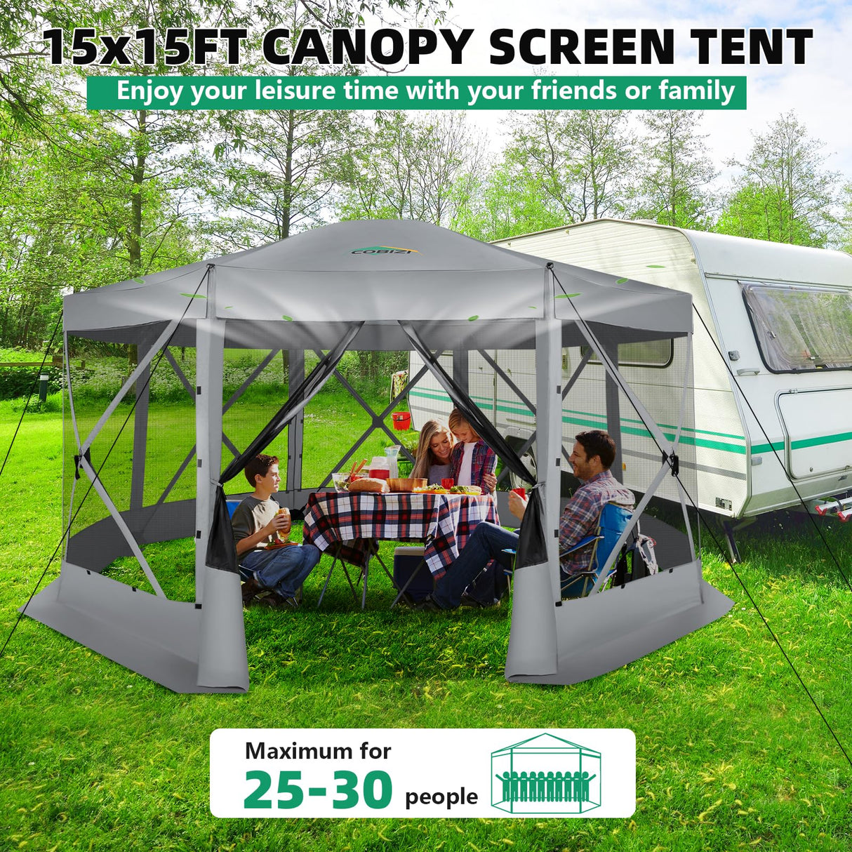 COBIZI Pop Up Gazebo Screen Tent Screen House for Camping, 15x15 Screen Room with Mosquito Netting, Hub Tent Instant Screened Canopy with Carrying Bag and Ground Stakes, Gray COBIZI