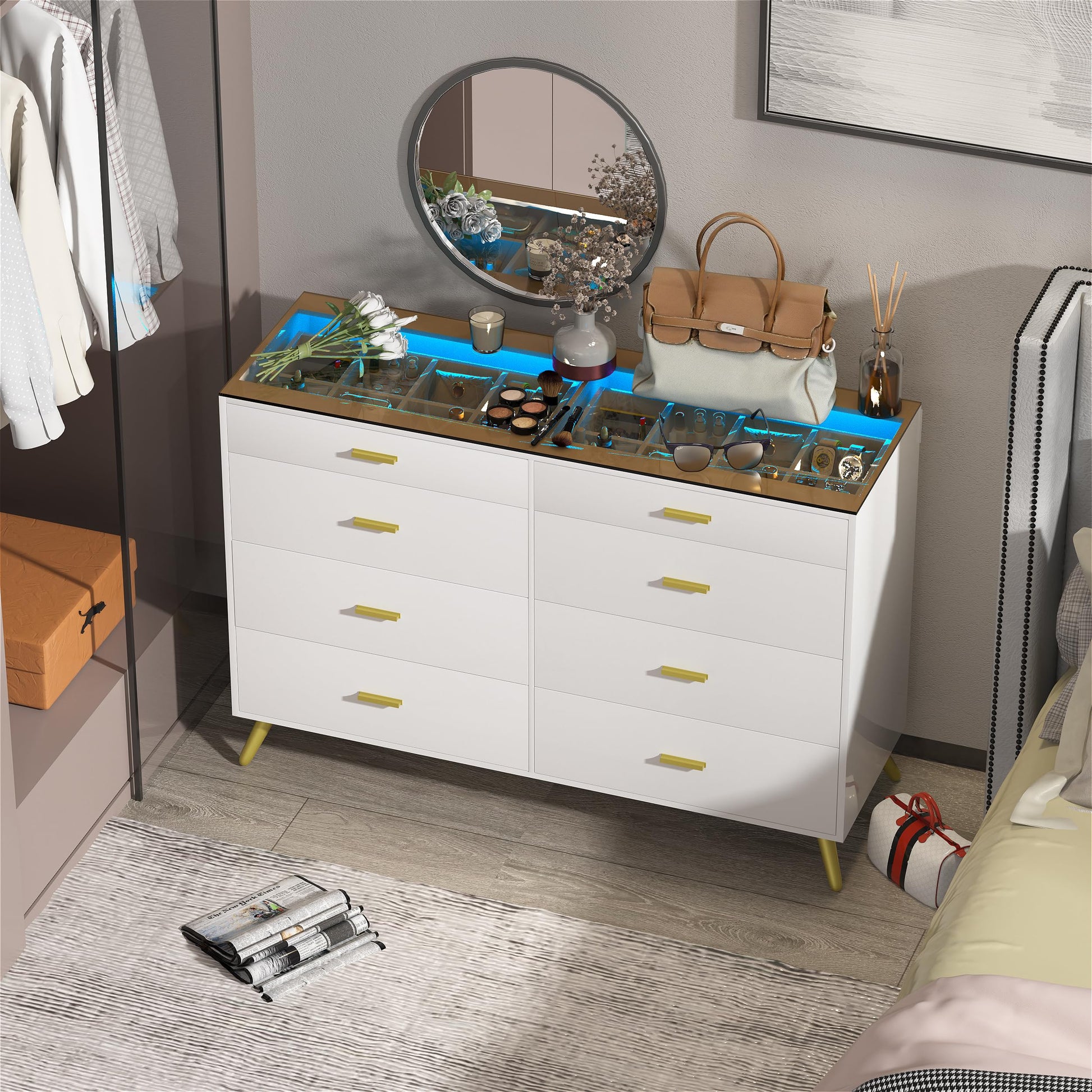 SDMY White Dresser for Bedroom,8 Drawer Dresser,Wide Chest of Drawers with LED Lights,Visual Desktop,Grid Drawer Storage Compartments,Modern Large Capacity Storage Cabinet for Living Room,Ent - WoodArtSupply