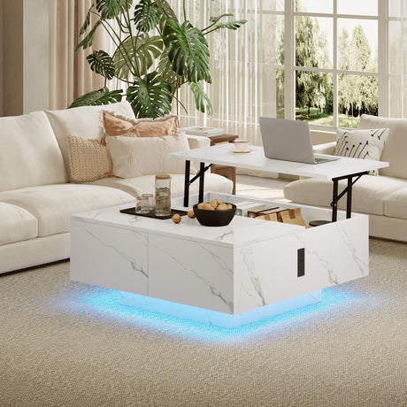Square Lift Top Coffee Table, 31.5" Wooden Coffee Table with 2 Drawers & Hidden Storage, LED Lights & Charging Station, Mid Century Modern Center Table for Living Room Home Office (White) YKVIQBY