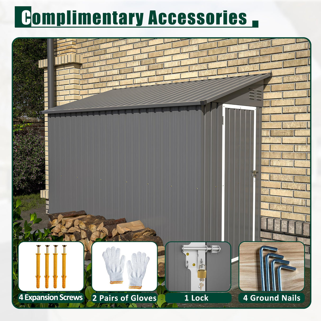 YOPTO 4x8 FT Outdoor Storage Shed,Lean to Metal Shed W/Floor Included,Garden Storage Shed W/Lockable Door,All Weather Waterproof Tool House W/ 2 Air Vents,for Backyard,Patio,Lawn,Garden,Gray YOPTO