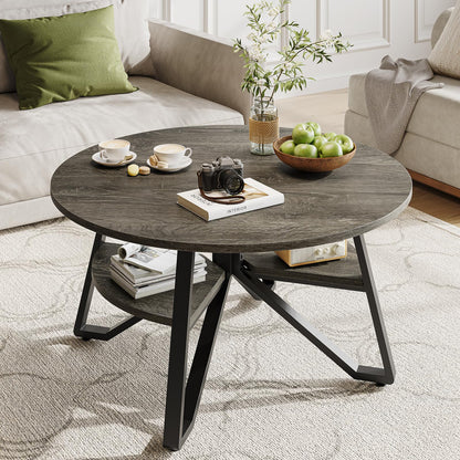 Bestier 36 Inch Round Coffee Table for Living Room, 2 Tier Modern End Table with Storage Shelf, Wood Farmhouse Circle Table with Sturdy Metal Legs, Gray - WoodArtSupply