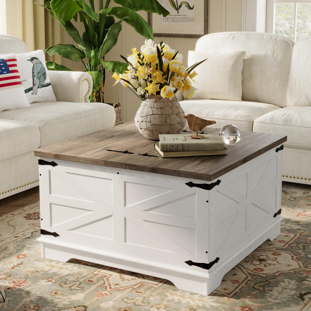 Farmhouse Coffee Table, Heavy-Duty Coffee Table with Storage, Square Wood Center Table Set for Living Room with Pull Up Large Hidden Storage Compartment, Maple White senlin