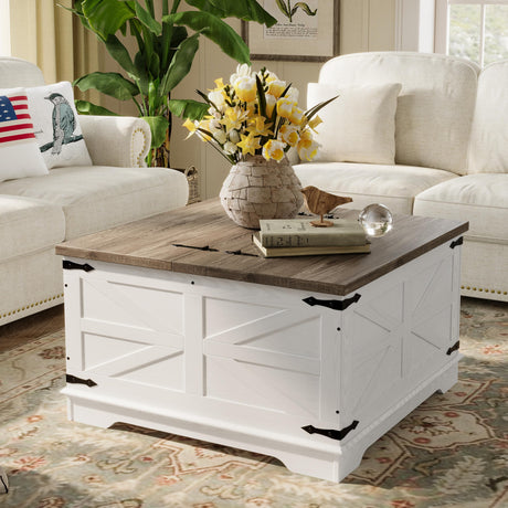 Farmhouse Coffee Table, Heavy-Duty Coffee Table with Storage, Square Wood Center Table Set for Living Room with Pull Up Large Hidden Storage Compartment, Maple White senlin