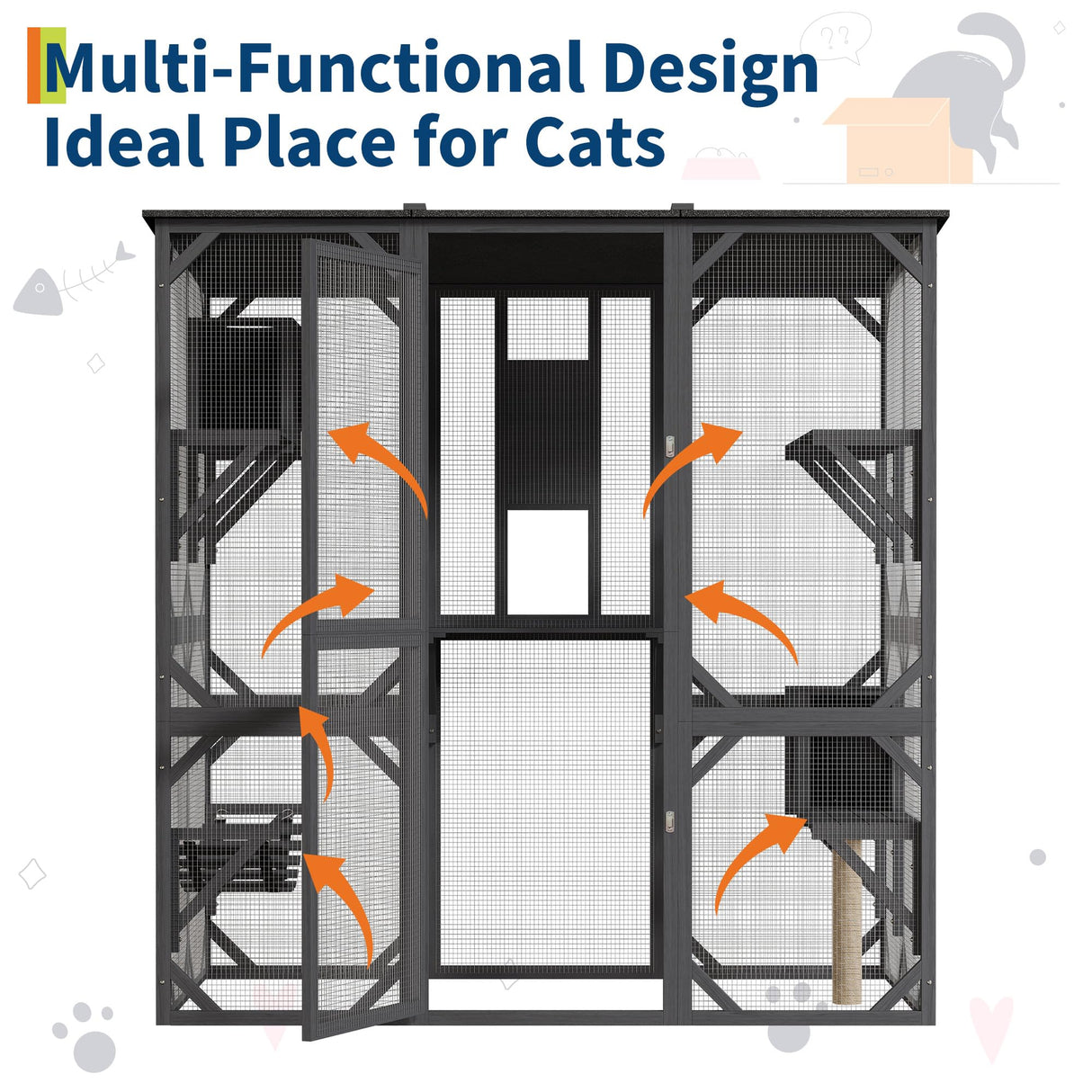 70'' Walk-in Catio with Window Access, Extra Large Outdoor Cat Enclosure for Multiple Cats, Waterproof Roof Cattery with Bridge and Scratching Post Outside Patio Cat Playpen Grey GarveeLife