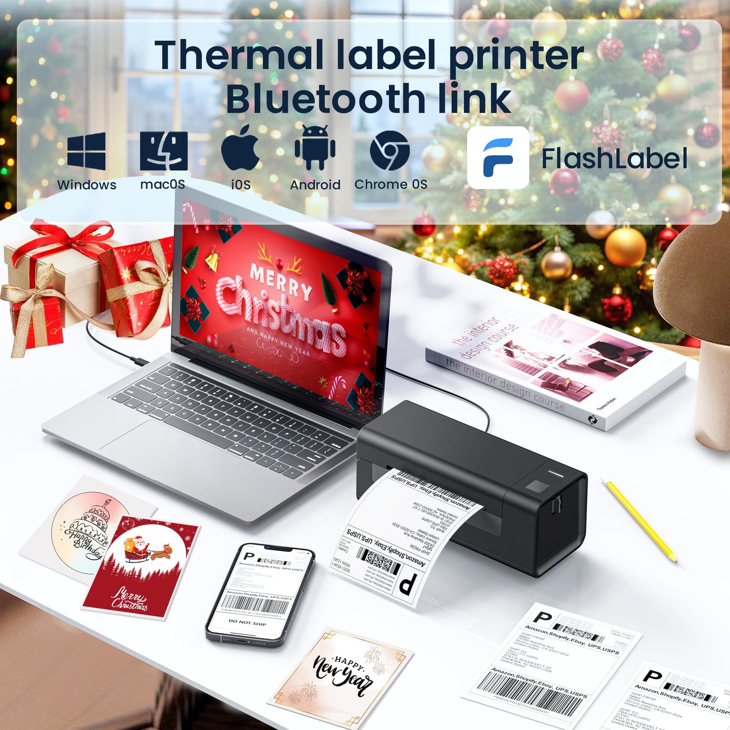 ZRHI Thermal-Label-Printer-Shipping Label Printer for Small Business 4x6 Bluetooth Thermal Printer 300mm/s Compatible Windows,Mac,iOS, Android,Desktop Printer Labels Maker Used for Amazon,Shopify