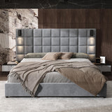 Christopher Knight Home Svens 46" High Headboard Bed, King Size Platform Bed Frame, Soft Velvet Upholstered California King Bed Frame, Square Pattern Design with Reading Lamps and USB Ports, Grey Christopher Knight Home