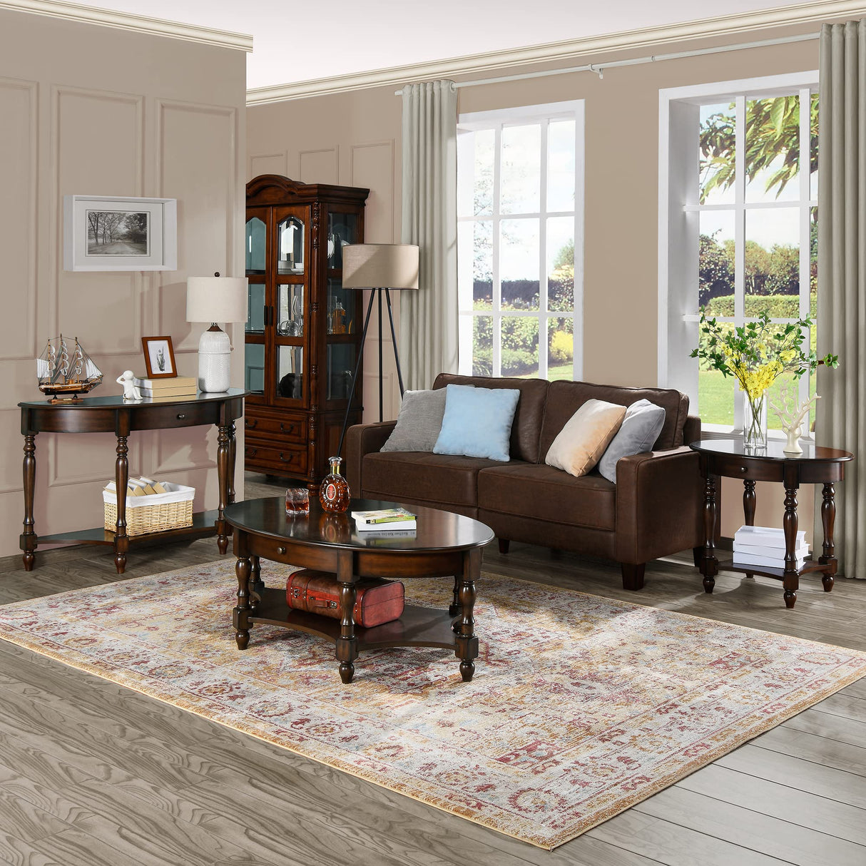 LEEMTORIG Oval Coffee Table for Living Room, 2-Tier Solid Wood Table with Storage Drawer, Victorian Antique Ellipse 45" Wx27.6 Dx18.2 H, Easy Assembly, Dark Walnut, KFZ-2233-DC LEEMTORIG