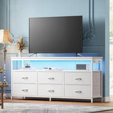 Huuger LED TV Stand for Bedroom, 55 Inch Fabric Dresser with Power Outlets, Entertainment Center for 60, 55, 50 Inch TV, 6 Drawer Dresser for Bedroom, Chest of Drawers with Shlef, PU Leather, White Huuger