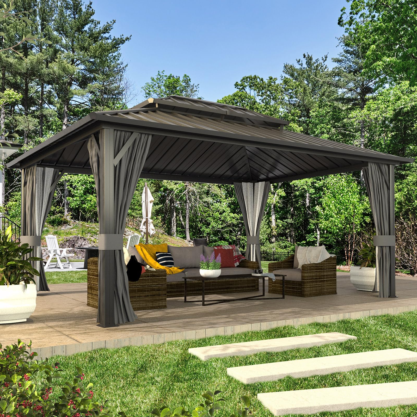 Yardenaler 12x14 FT Hardtop Gazebo Canopy with Double Galvanized Steel Roof, Permanent Outdoor Pavilion with Curtain & Mesh Netting for Patio. Garden, Backyard, Black - WoodArtSupply