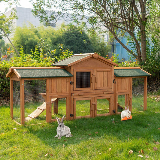 Rabbit Hutch Outdoor, 74" Large Bunny Cage with Waterproof Roof, Removable Pull Out Tray, 2 Runs, 2-tier Wooden Rabbit House for Small Animals, Rabbit Enclosure Suits for Guinea Pigs, Hamster - WoodArtSupply