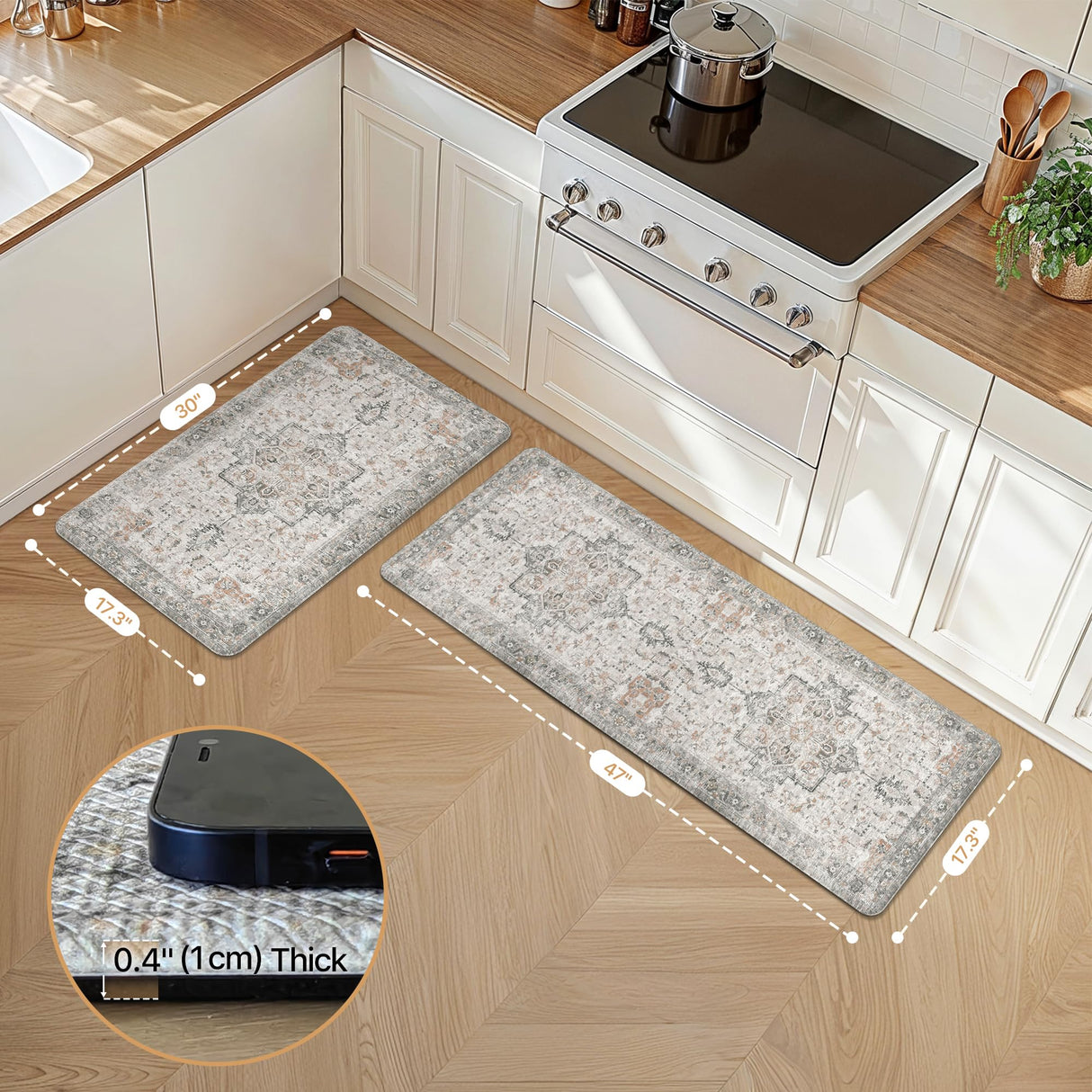 GENIMO Kitchen Mats for Floor 2PCs, Washable Anti Fatigue Mat for Cushioned, 17.3"x47"+17.3"x30", Waterproof Kitchen Rugs, Non Slip Comfort Standing Mat Rug for Home, Sink, Laundry, LightTaupeBrown GENIMO