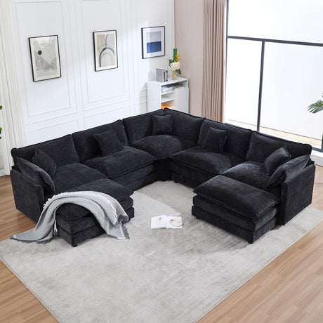 Tmsan 113.4" Deep Seat Sectional Cloud Sofa with 2 Ottomans, Oversized U Shaped Modular Couch, Large 7 Seater Corner Couches for Living Room, Black Chenille Tmsan