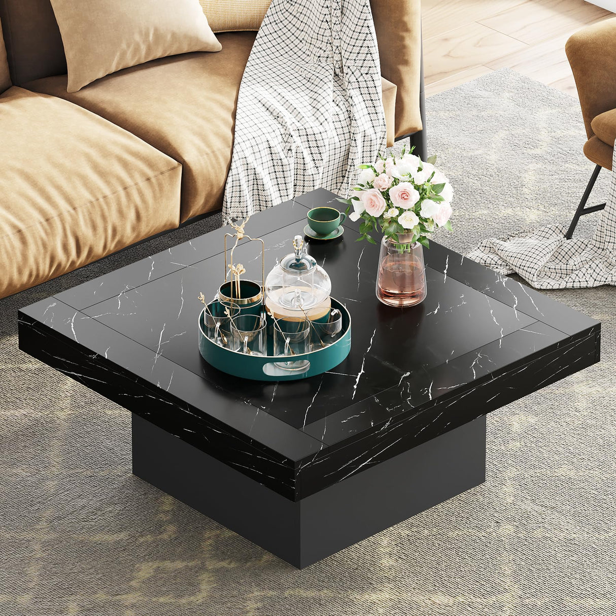 Tribesigns Coffee Table Square LED Coffee Table Engineered Wood Low Coffee Table for Living Room (Faux Marble Black+Black) Tribesigns