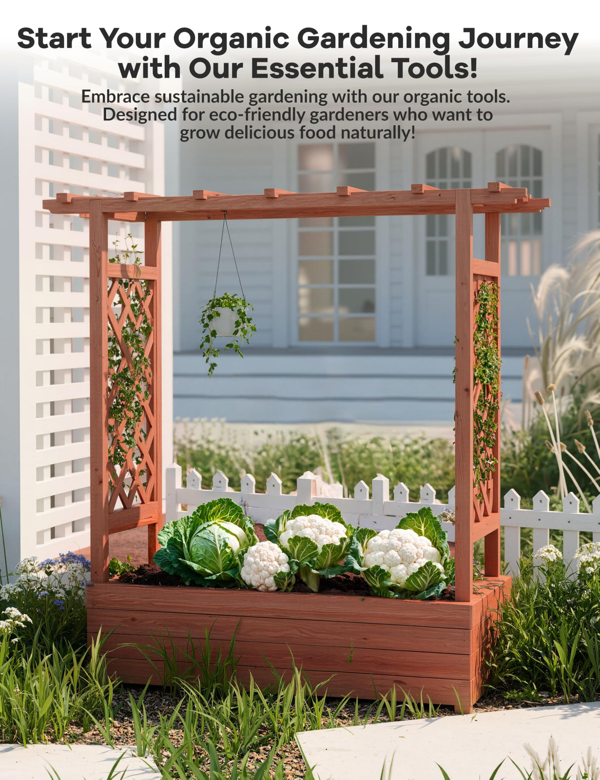 GarveeLife Raised Garden Bed with Trellis, 45 Inch Wood Planter Box with Side Trellis, Hanging Roof, and 4 Drainage Holes, Freestanding Elevated Garden Bed for Climbing Plants, Vines, Flowers GarveeLife