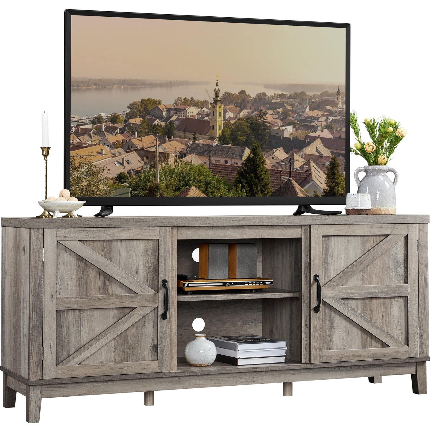 Yaheetech TV Stand, Farmhouse TV Stand for Living Room, Entertainment Center with Double Barn Doors for 65 Inch TV, Gray - WoodArtSupply