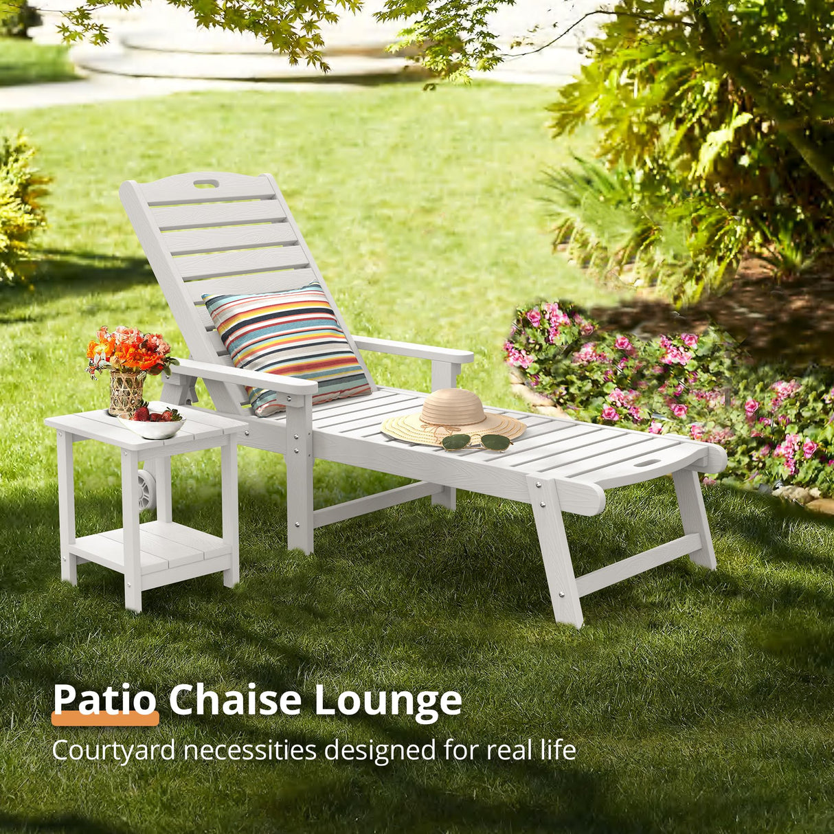 LUE BONA Outdoor Chaise Lounge Chairs Set of 2, HDPS Material, 3-Year Warranty, Patio Lounge Chair with Adjustable Backrest, Resin Pool Lounge Chairs with Wheels for Outside, Poolside, Beach, White LUE BONA