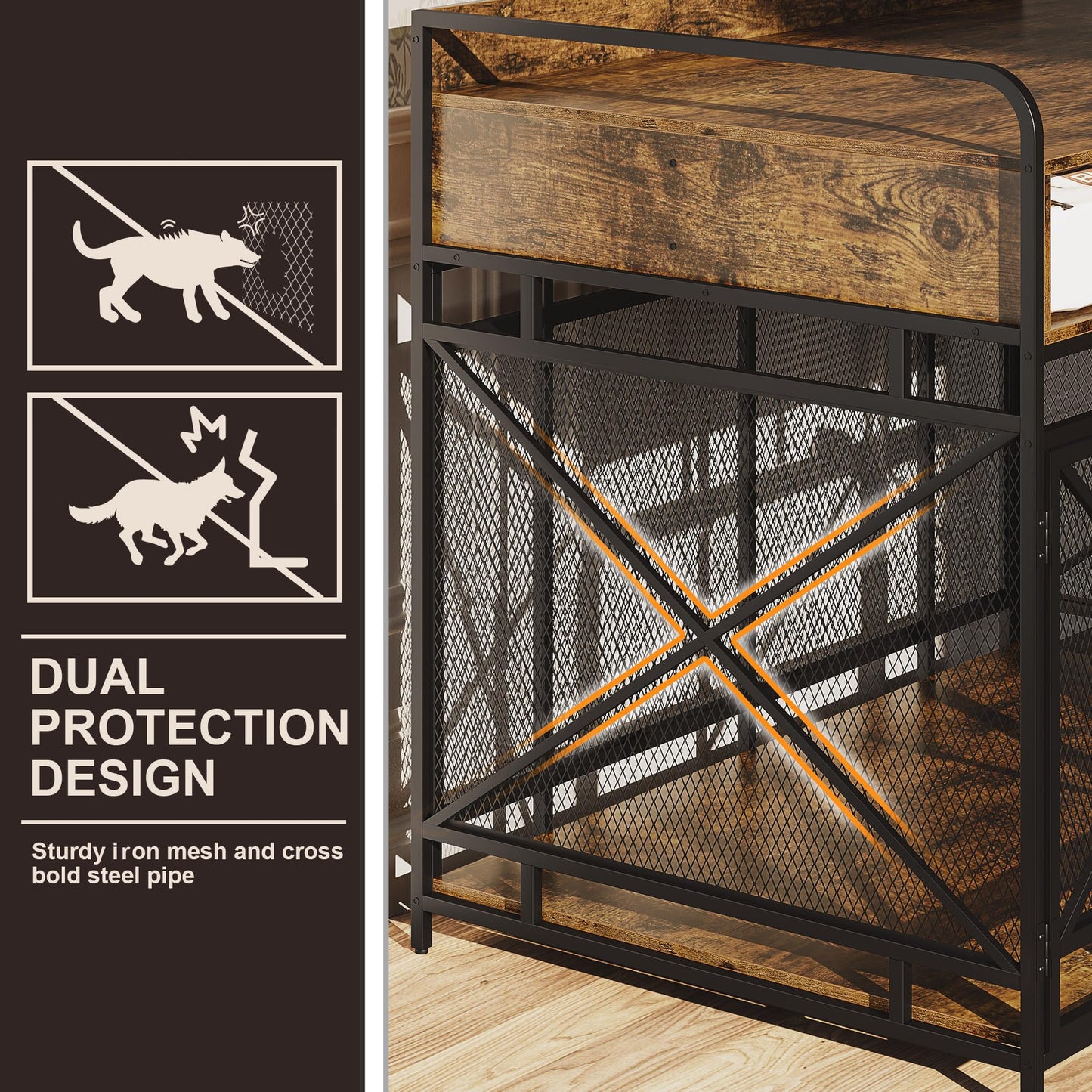 Fulhope Dog Crate Furniture,Wooden Dog Crate End Table,48 Inch Dog Kennel with Drawers,Heavy Duty Dog Crate,Decorative Pet Crate Dog Cage for Indoor Use (Rustic Brown) - WoodArtSupply