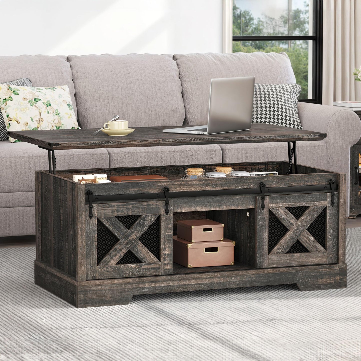 YITAHOME Farmhouse Coffee Table, Lift Top Coffee Table with Storage & Sliding Groove Barn Door,Rustic Coffee Tables for Living Room, Center Table for Living Room, Dark Rustic Oak - WoodArtSupply