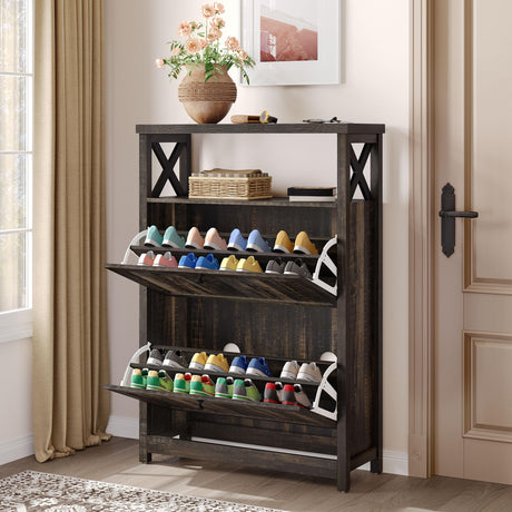 YITAHOME Shoe Cabinet with 2 Flip Drawers, Entryway Shoe Storage Cabinet with Open Shelves, Free Standing Hidden Shoe Rack Storage Organizer for Entryway/Hallway/Closet, Dark Rustic Oak YITAHOME