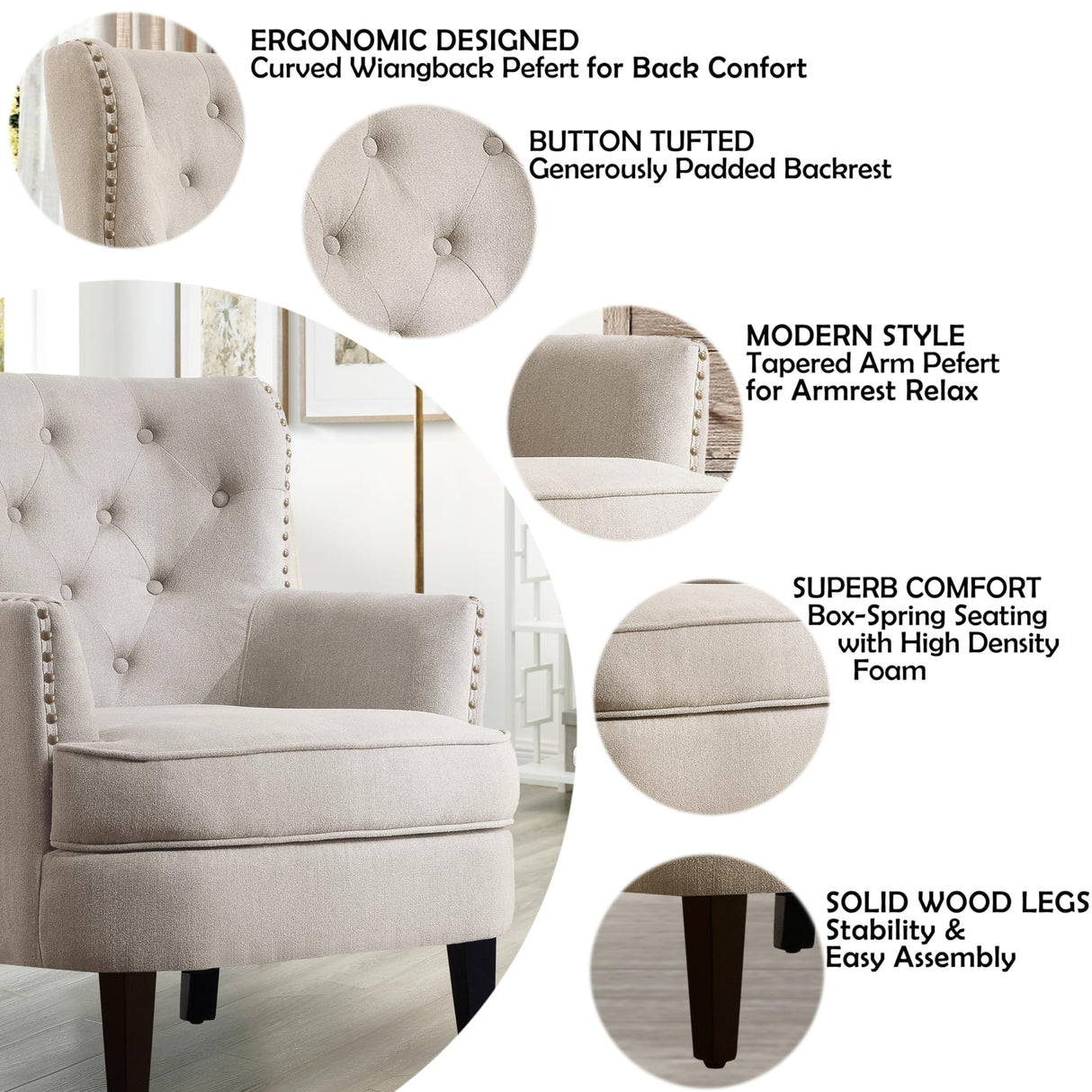 Rosevera Harris Velvet Upholstered Club Chair 34.5”H, Barrel Chair, Wingback Tufted Button Armchair, Contemporary Nailhead Accent Chair for Living Room, Bedroom, Recreation Room, Entryway, Small Space Rosevera
