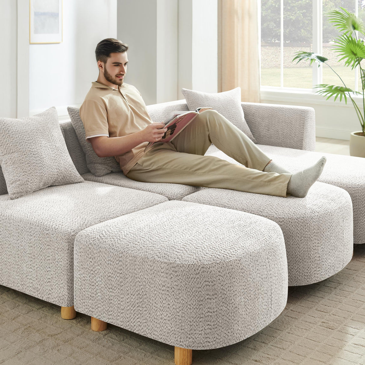 VANOMi 109.84" Modular Sectional Sofa with 3 Pillows, Convertible 5-Seater Comfy Boucle Cloud Couch with Ottoman, Modern Sectional Sofas for Living Room, Office, Apartment (Camel) VANOMi