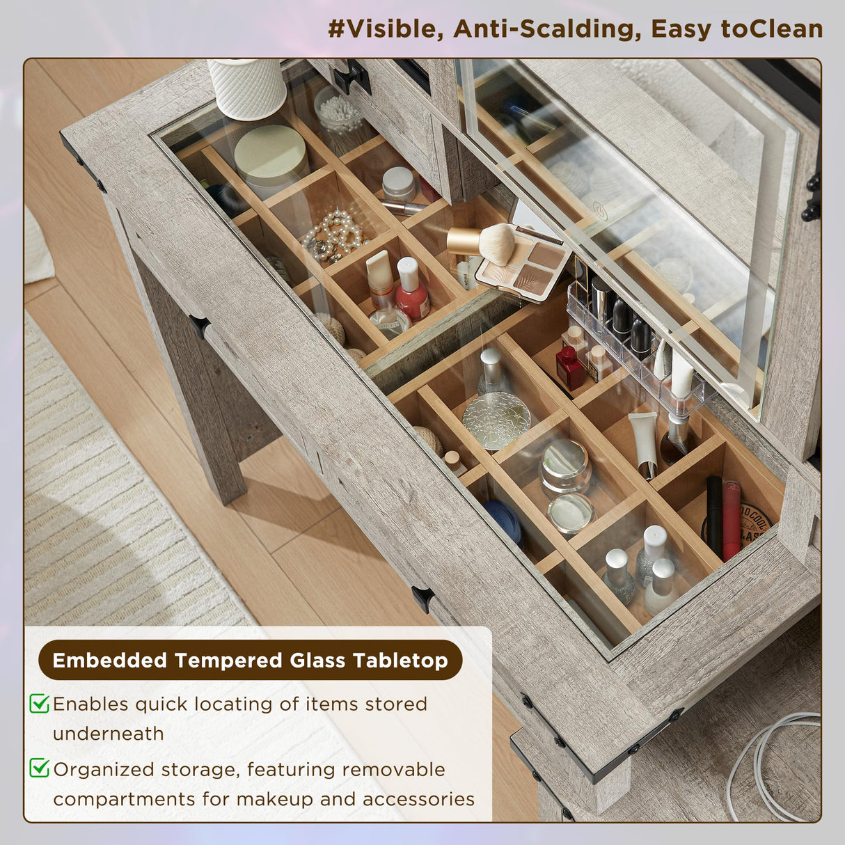 T4TREAM 48'' Farmhouse Makeup Vanity Desk with Sliding HD Mirror and Lights, Big Modern Lighted Vanity Table with 7 Drawers & Shelves, Rustic Large Dressing Table for Bedroom, Light Rustic Oak T4TREAM