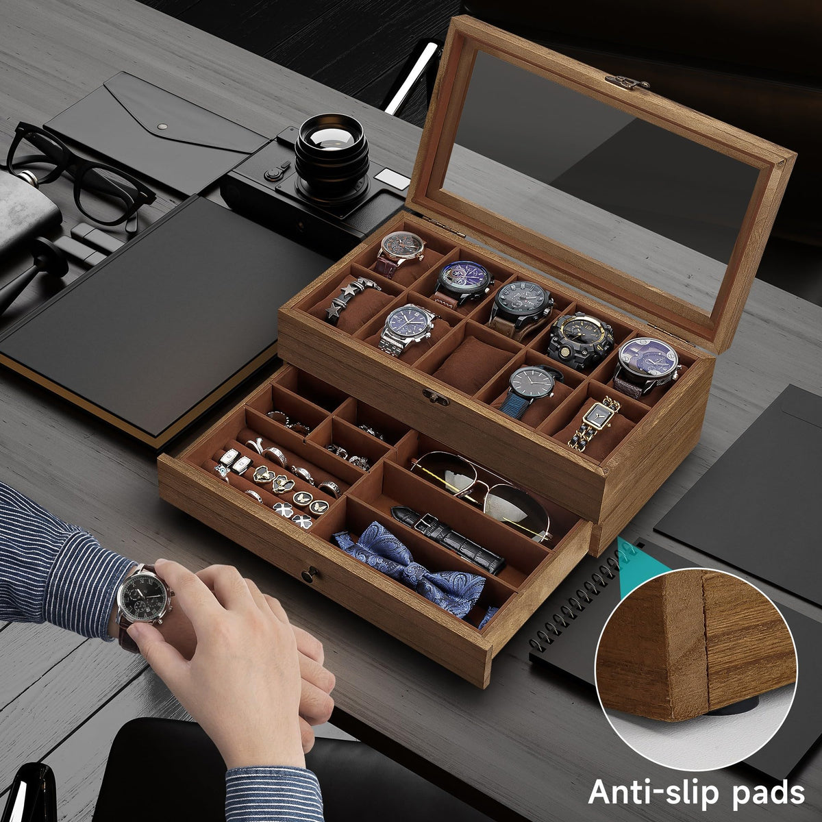 GALHUBIS Watch Box with 10 Slots, 2-Tier Watch Case for Large Dial Watches, Watch Display Case with Lid, Removable Watch Pillows, Gifts for Men Women, Watch Organizer with Drawer, Jewelry Box, Walnut GALHUBIS