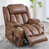EZZUP Lay Flat Lift Recliner Chair with Massage & Heat for Elderly People, Electric Power Lift Chair with Dual Motor, Cup Holders and 2 Remote Controls, Breathable Faux Leather Brown EZZUP