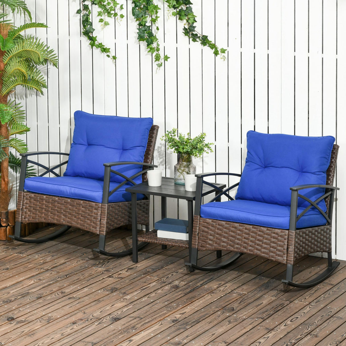 Outsunny 3 Piece Patio Rocking Chair Set, Outdoor Wicker Bistro Set with 2 Cushioned Porch Rockers and 2 Tier Coffee Table for Garden, Porch, Backyard, Blue Outsunny