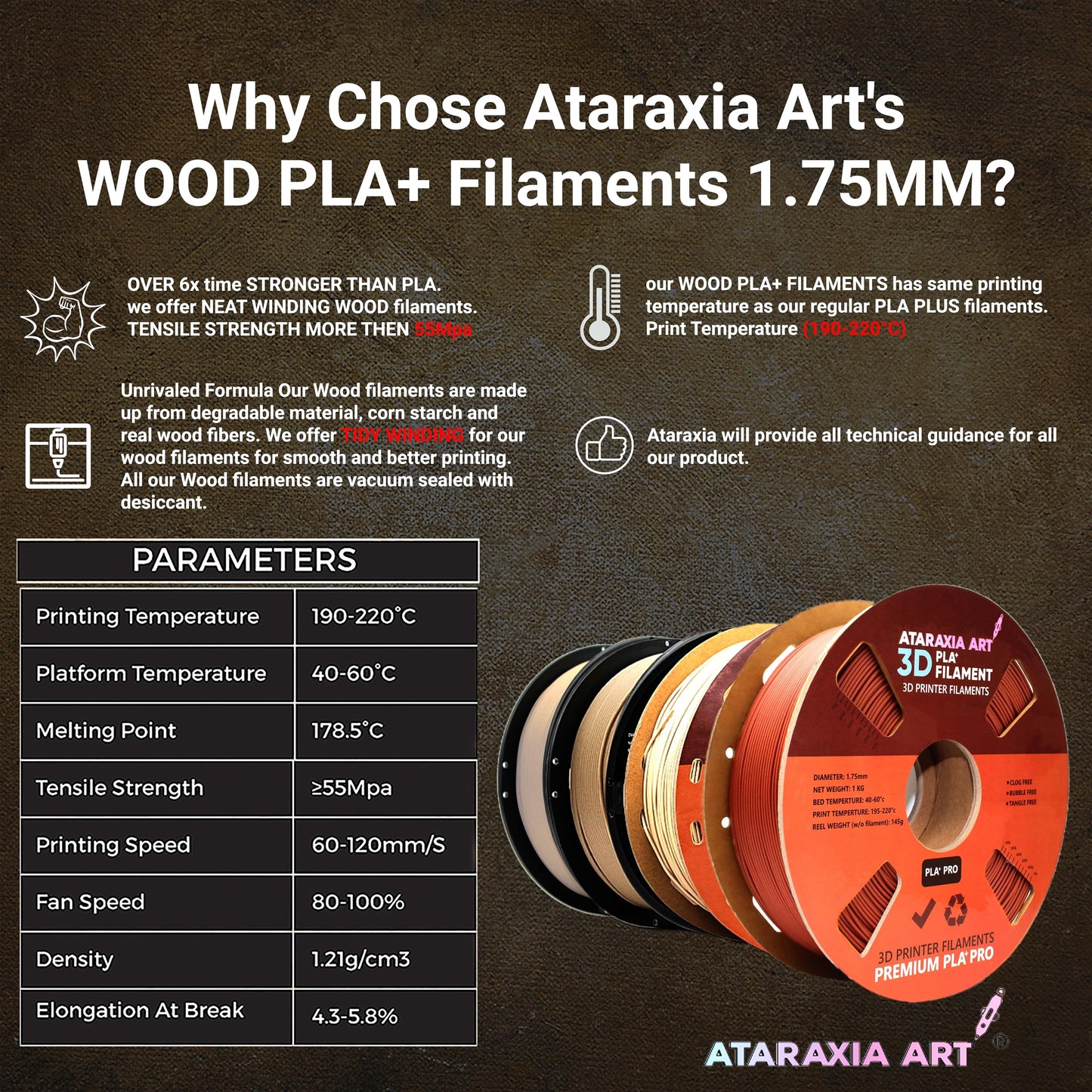 ATARAXIA ART Brick Red Wood PLA Filament 1.75mm, 1Kg/2.2Lb Spool, Wood 3D Printer Filament with Real Wood Particles, with Filament Storage Bag, Dimensional Accuracy +/-0.03mm,Fit Most FDM 3D Printers