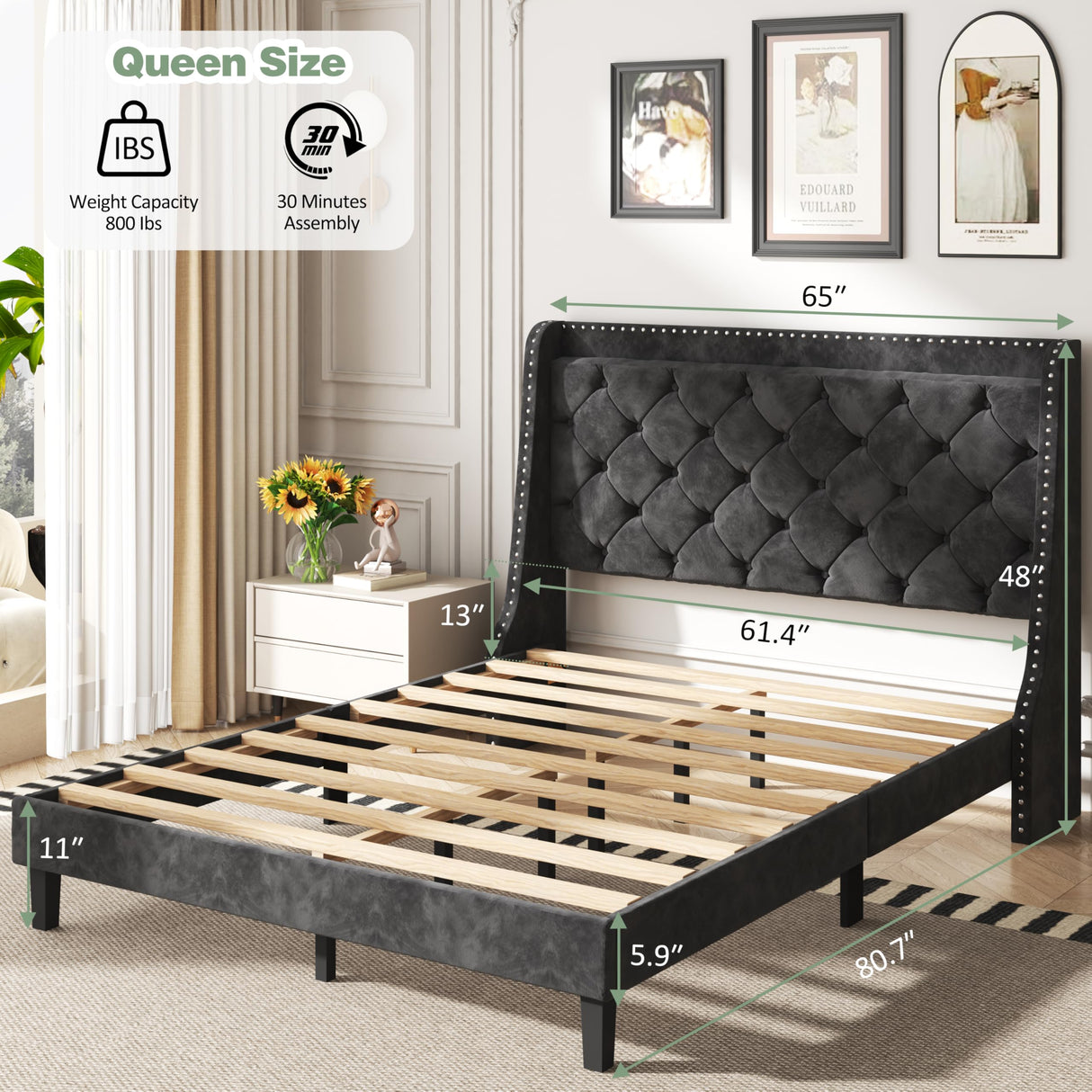 SUNLEI Queen Size Bed Frame with Diamond Tufted Headboard and Storage, Upholstered Platform Bed Frame Queen with 2 Large Wingbacks, Sturdy Wooden Slats Support, Easy Assembly, Velvet Black SUNLEI