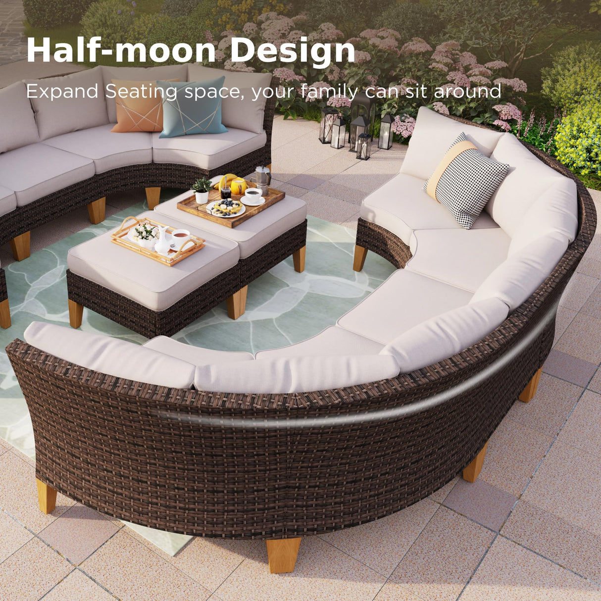 PHI VILLA 10-Piece Outdoor Sectional Half-Moon Curved Furniture Sofa, Wicker Patio Conversation Set for 10 Seats with Cushions for Garden Poolside, Blue PHI VILLA