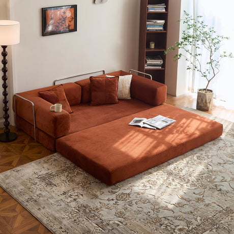 LIAROO 78.8" Convertible Sofa Bed - Compression Sofa with Corduroy Fabric - with Armrests and Backrest - Modular Sectional for Living Room, Bedroom, Studio - Compression Sofa in Box (Orange) LIAROO