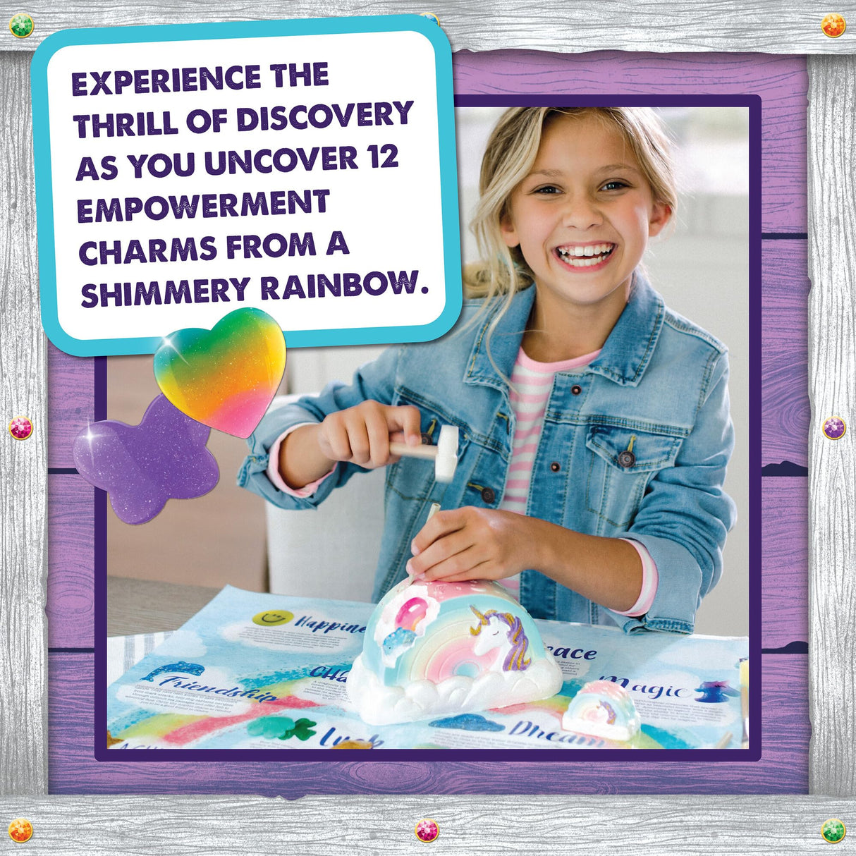 MindWare Dig It Up! Rainbow Shaped Discovery for Girls - Kit Includes 13 Charms for Find, 2 Chiseling Tools, Hammer, Excavation Brush, Sponge, Poster and Guidebook - Ages 4 and Up MindWare