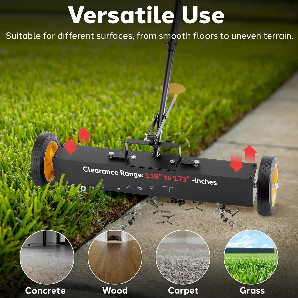 Pyle 24” Rolling Magnetic Sweeper with Adjustable Handle - Strong and Durable Metal Construction, Heavy-Duty Cleaning, Metal Pickup for Industrial and Commercial Use (Black and Orange) Pyle