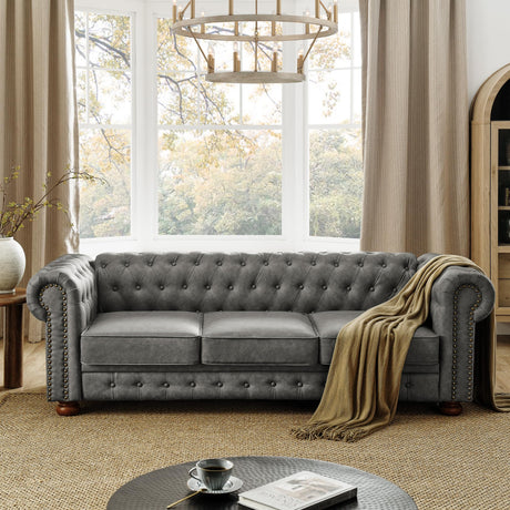 KEIKI 89" Chesterfield PU Tufted Button Sofa with Scrolled Arms, Classic Mid-Century 3-Seater Upholstered Couch with Nailhead Decoration, Easy Assembly, for Living Room, Bedroom, Office, Dark Gray KEIKI