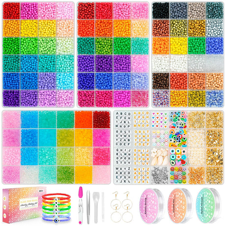 4mm Glass Seed Beads Friendship Bracelet Kit, 15500pcs 96 Colors 6/0 Small Beads for Friendship Bracelet Beads Waist Beads with String Cords Letter Beads for DIY Jewelry Making Crafts Sistenia