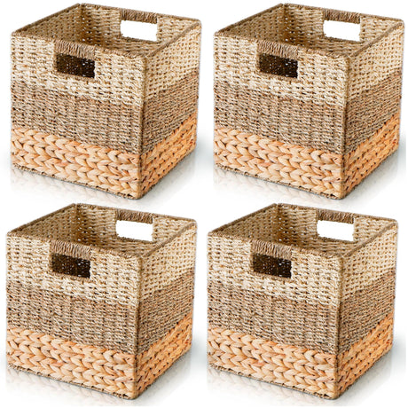 CHI AN HOME 13x13 Storage Cube Bins, Wicker Storage Basket for Cube Shelf, Natural Foldable Cube Storage Bin, Cube Storage Baskets, Large Woven Baskets, Square Wicker Baskets for Organizing Set of 4 Chi An Home