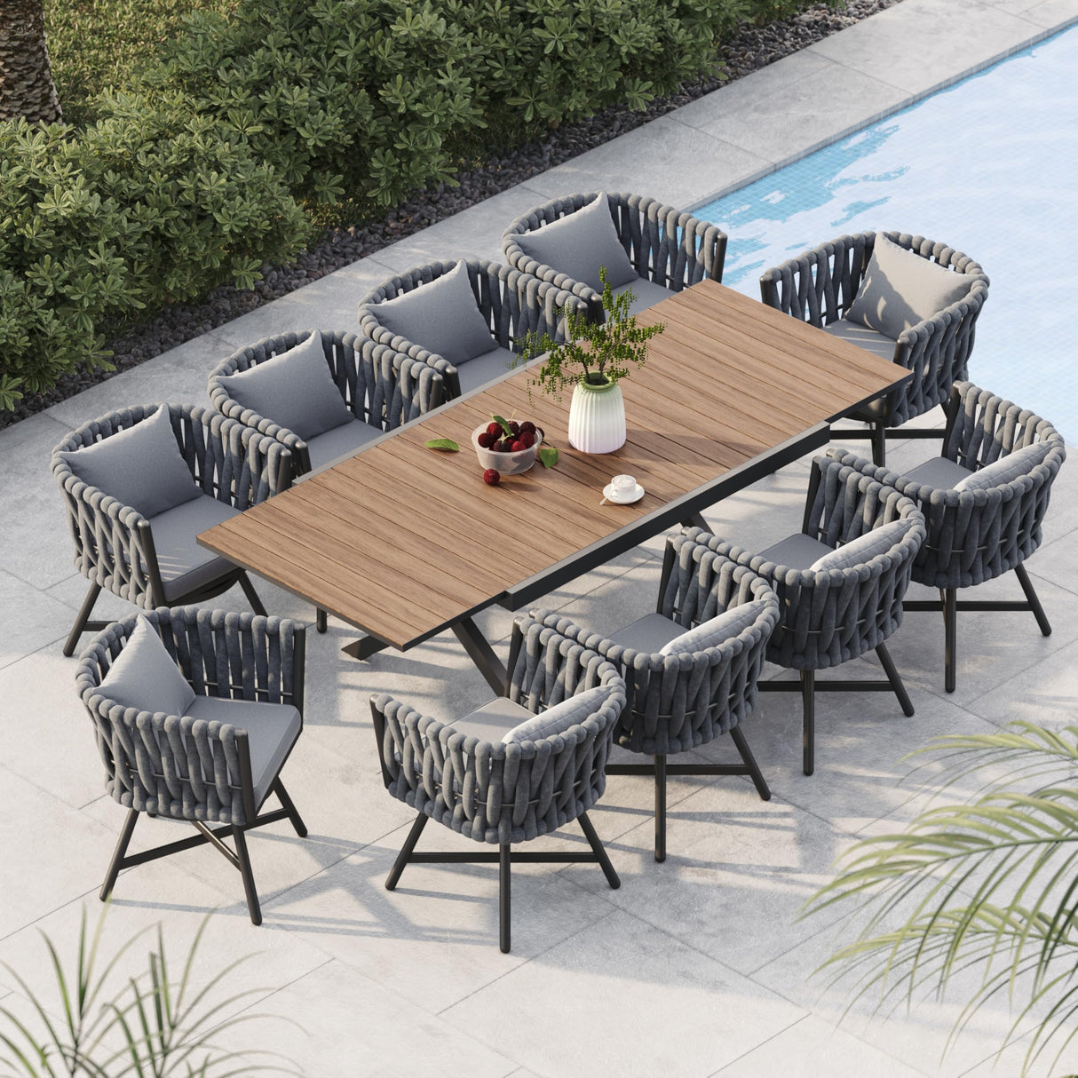Grand patio 11-Piece Outdoor Dining Set for 10, Patio Dining Furniture Set for 10 Swivel Rope Wicker Chairs & 1 Extendable Rectangular Dining Table, Dark Grey Grand patio