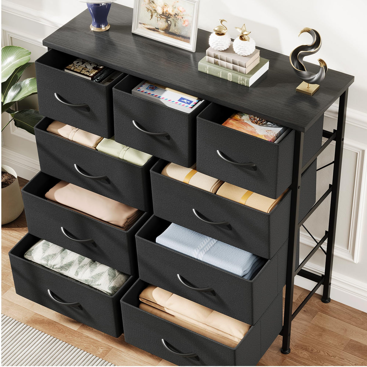 Jocoevol Fabric Dresser for Bedroom with 9 Drawers - Sturdy Steel Frame, Wooden Top & Easy Pull Chest of Drawers with Fabric Bins, Storage Organizer for Closet, Guest Room, Entryway (Black) Jocoevol