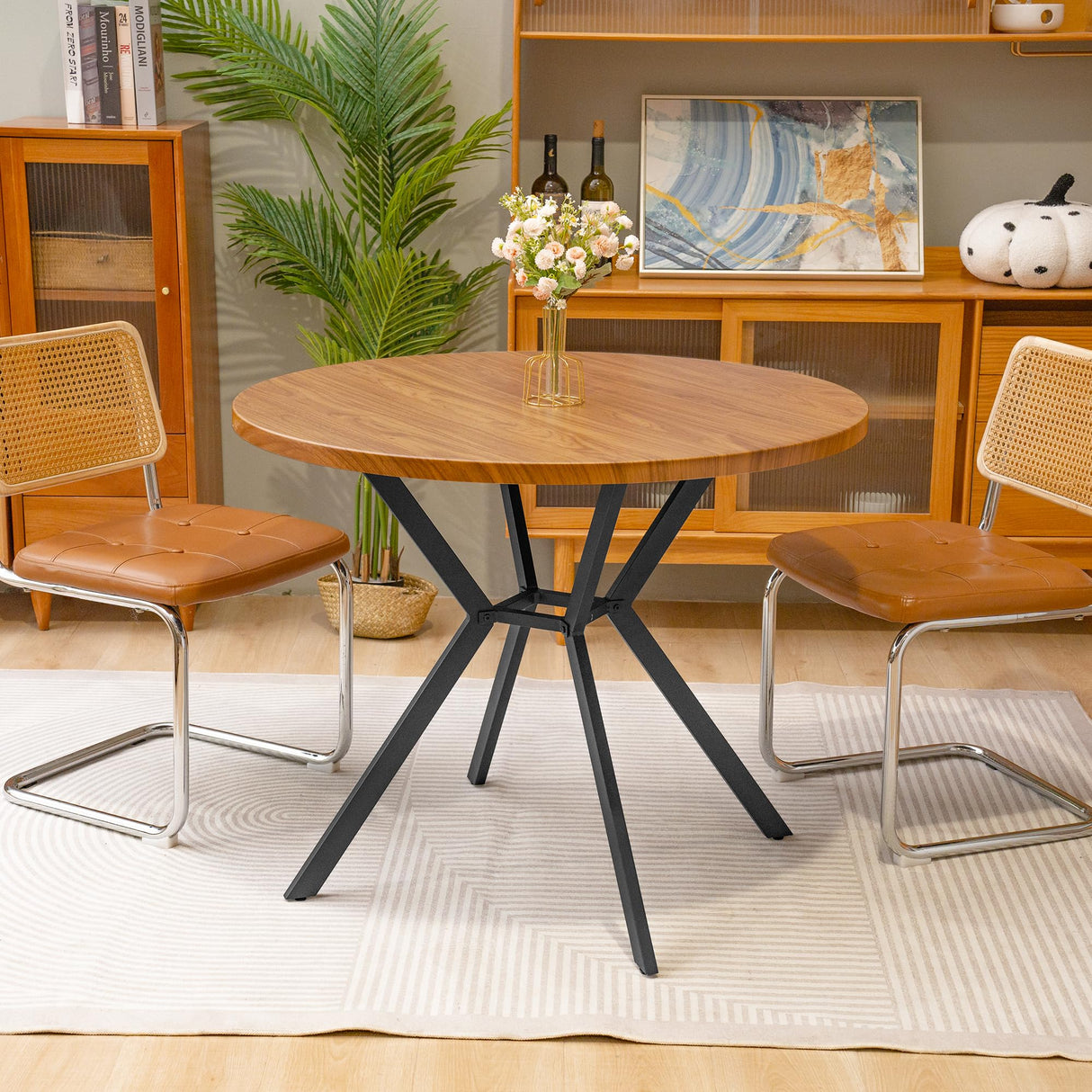 Recaceik 39" Walnut Round Dining Table for 4-6 People with Square Metal Base Recaceik