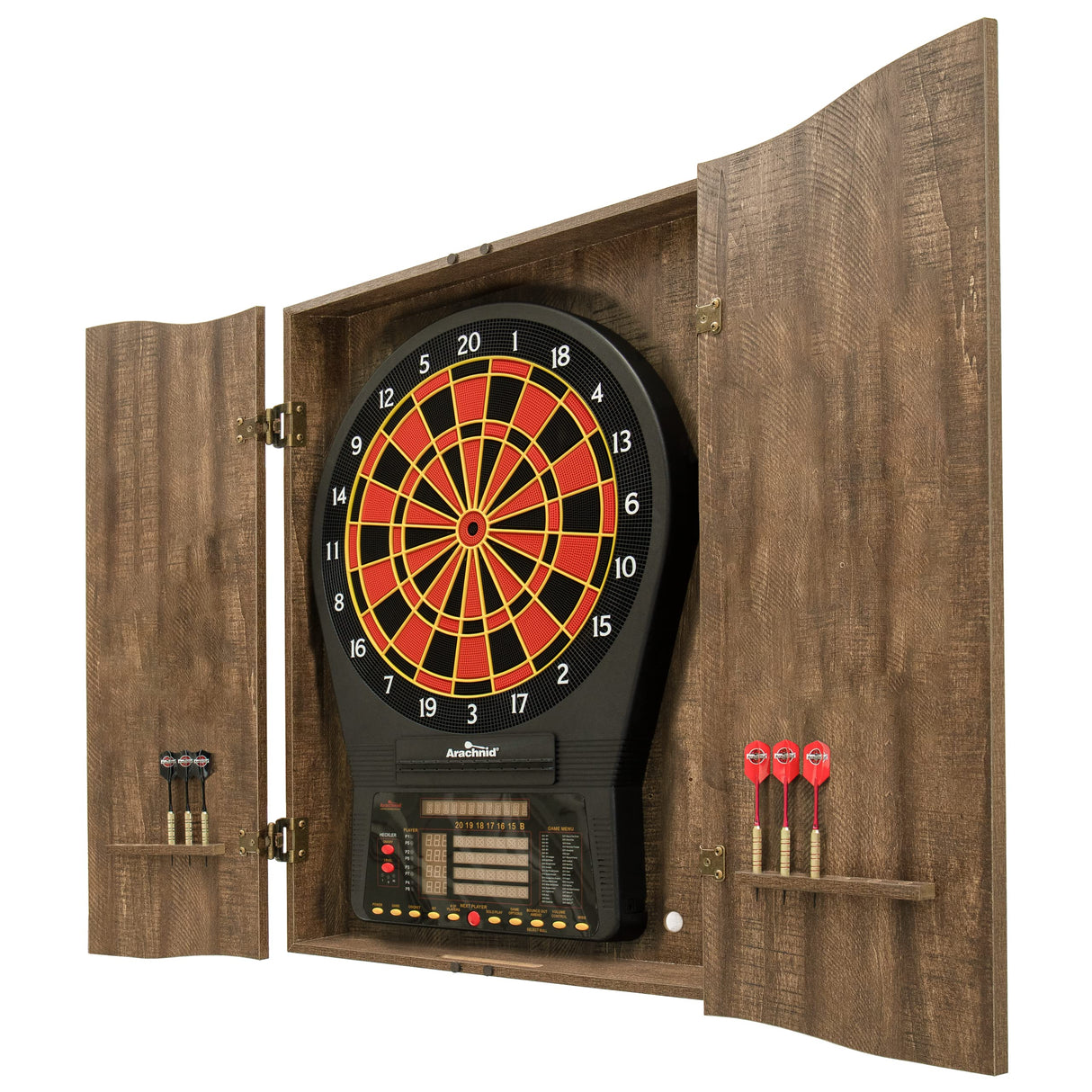 DMI Sports MI Sports Brown CricketPro Dartboard Cabinet | Designed for Arachnid 15.5” CricketPro 900, 800, 750, 650 Electronic Dartboards | Does Not Include Dartboard DMI Sports