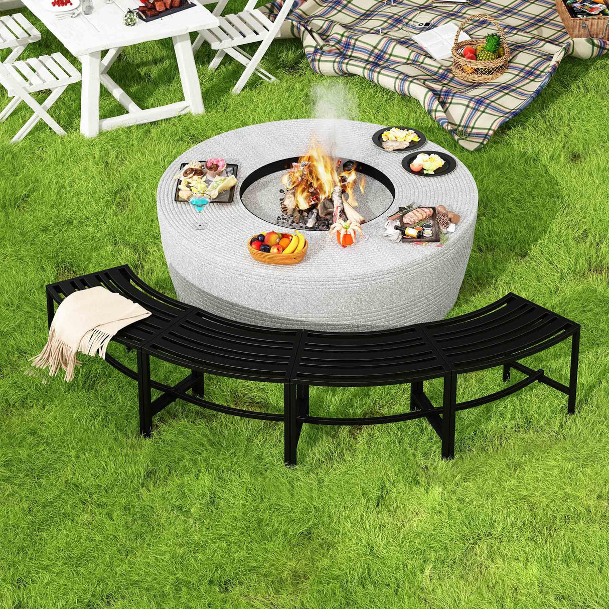 Timechee Metal Curved Fire Pit Bench Set of 4, Outdoor Fire Pit Seating, Steel Backless Outside Fire Pit Bench for Garden, Patio, Porch, Backyard, Plant Stand, Heavy Duty Plant Holder, Style 3, Black Timechee