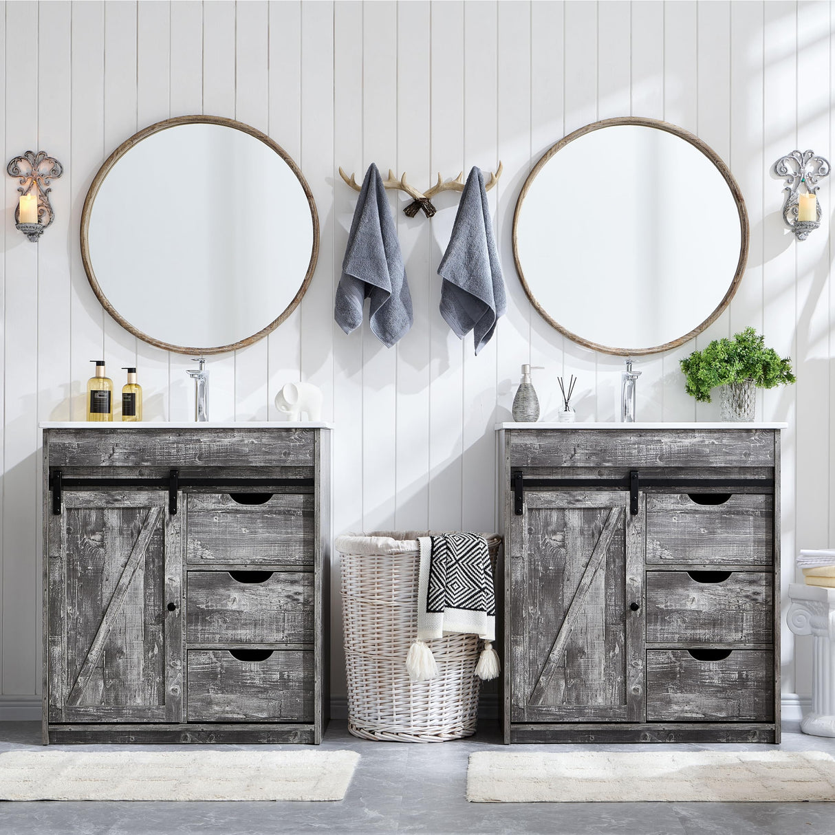 Aitjunz 30" Farmhouse Bathroom Vanity with Sink, Freestanding Bathroom Storage Vanity Cabinet w/Sliding Barn Door & 3 Drawers, Adjustable Shelves, Light Grey Aitjunz
