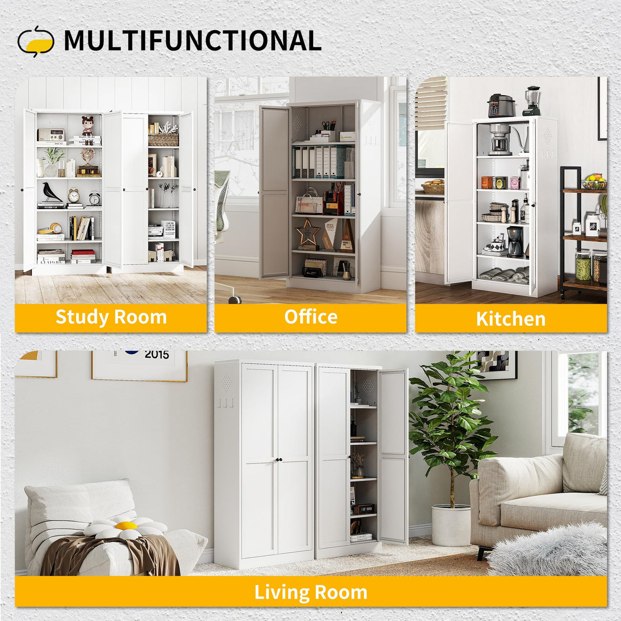 Reegangfa Pantry Cabinet with 2 Doors & 4 Adjustable Shelves & Hooks, 61" Kitchen Storage Cabinets, Utility Metal Storage Cabinet for Home, Living Room, Pantry, Assemble Required (White) Reegangfa