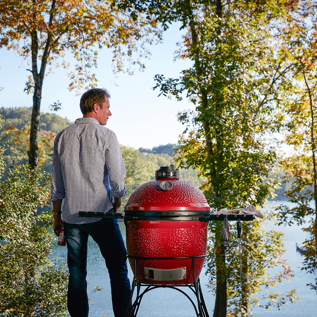 Kamado Joe® Classic Joe™ I Premium 18-inch Ceramic Charcoal Grill and Smoker in Red with Cart, Side Shelves, Grill Gripper, and Ash Tool. 250 Cooking Square Inches, 2 Tier Cooking System, Model KJ23RH Kamado Joe