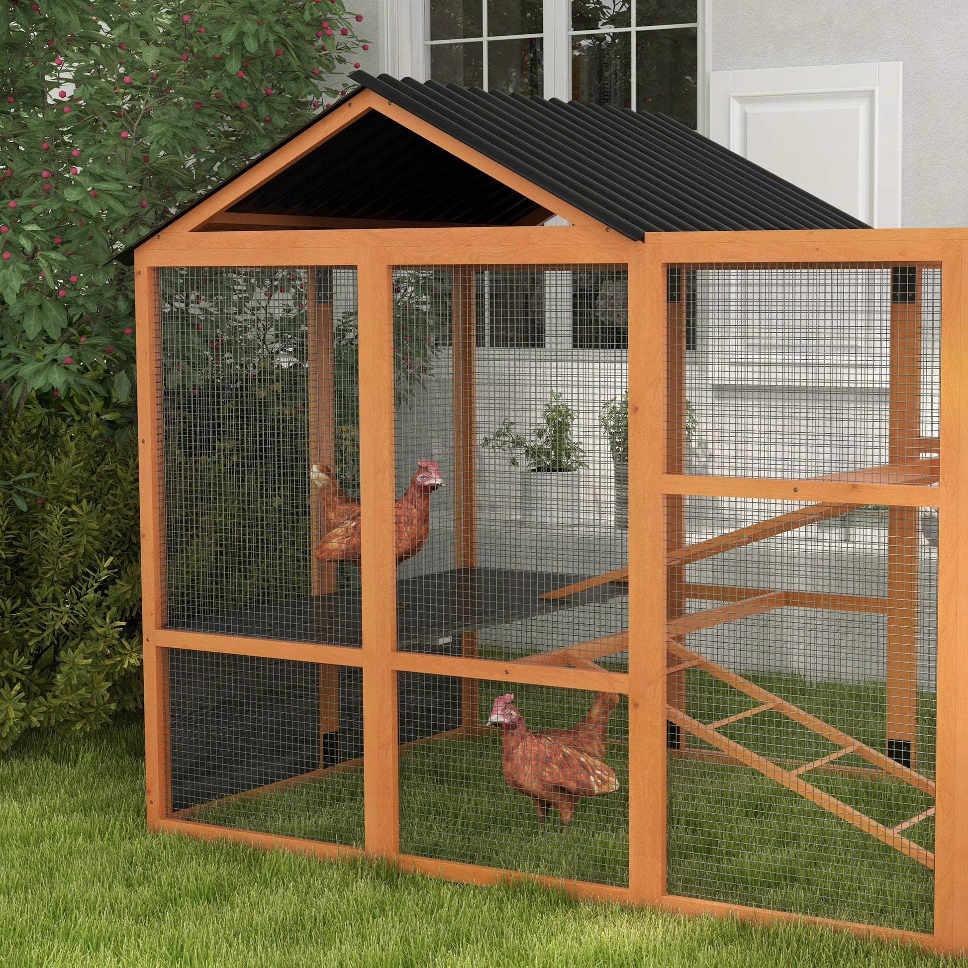 PawHut Wooden Chicken Coop Run for 6-10 Chickens, Hen House Add-On with Storage, Perches, 141.75" x 48" x 61", Orange - WoodArtSupply