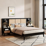 Queen Size Platform Bed Frame with 2 Nightstands, Wooden Queen Bed Frame with Lamps, Elegant Design, Rattan and Wood Combination, Black Harper & Bright Designs