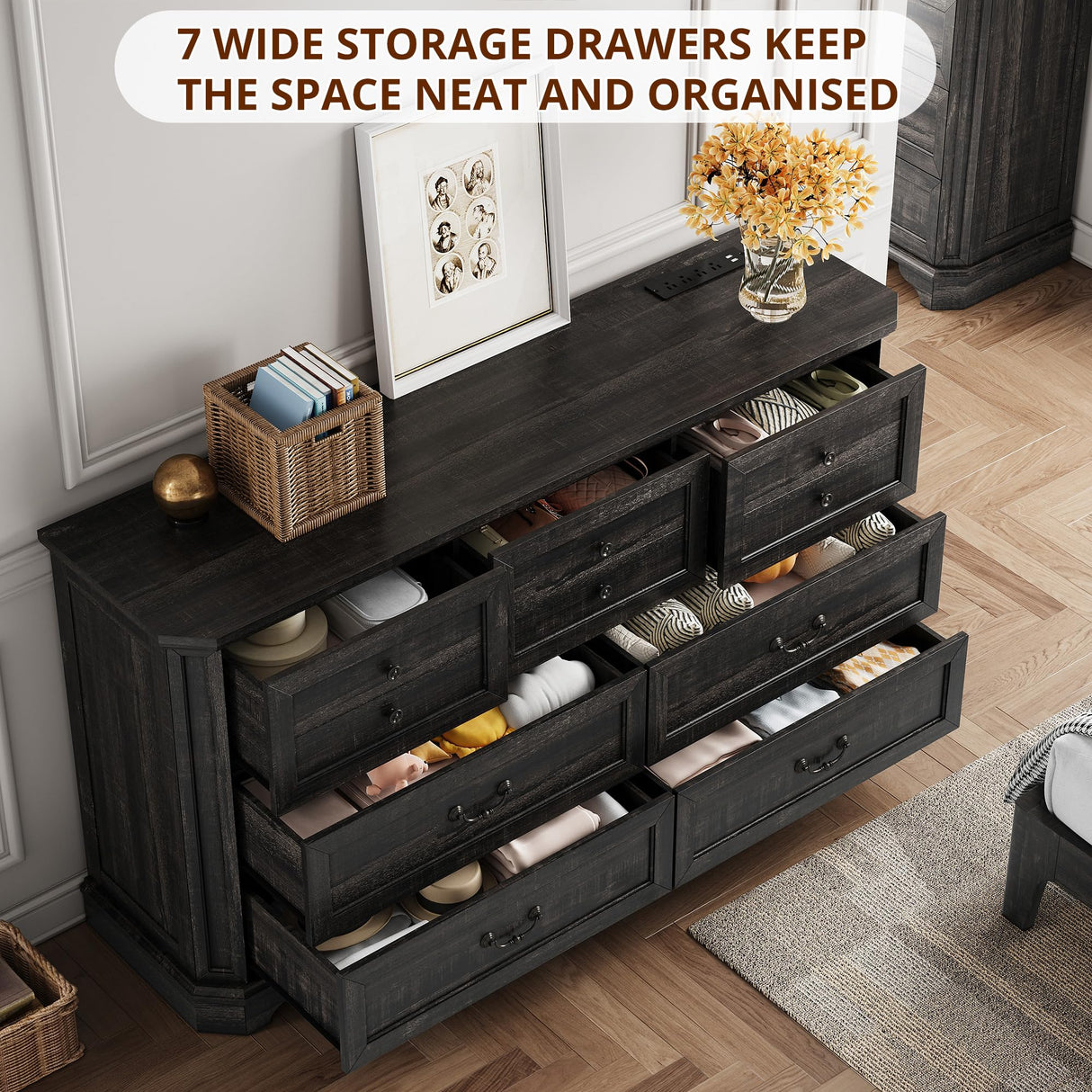 IRONCK Farmhouse 7 Drawers Dresser for Bedroom, 59" Long Dresser with Charging Station, Natural Texture, Vintage Design, for Bedroom, Charcoal IRONCK